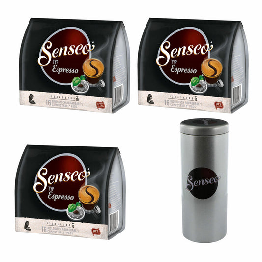 Senseo Typ Espresso Kaffeepads, Röstkaffee, Kaffee, 3 x 16 Pads, mit Premium Paddose