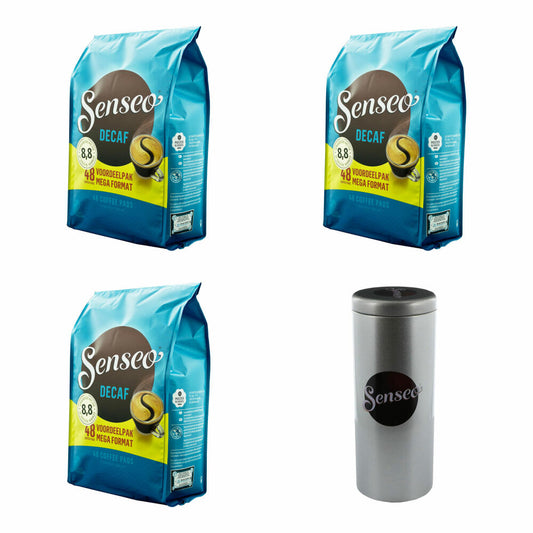 Senseo Kaffeepads Decaf / Entkoffeiniert, Reiches Aroma, Intensiv & Ausgewogen, Kaffee für Kaffepadmaschinen, 144 Pads, mit Paddose