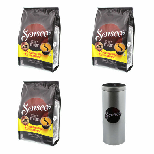 Senseo Kaffeepads Extra Strong / Extra Kräftig, Intensiver und Vollmundiger Geschmack, Kaffee für Kaffepadmaschinen, 144 Pads, mit Paddose