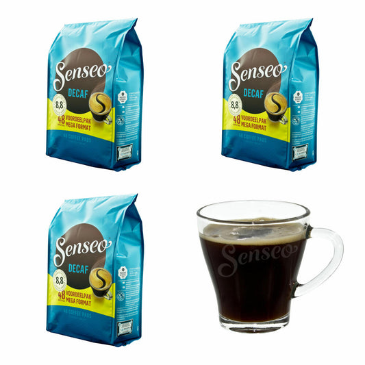 Senseo Kaffeepads Decaf / Entkoffeiniert, Reiches Aroma, Intensiv & Ausgewogen, Kaffee für Kaffepadmaschinen, 144 Pads, mit Tasse