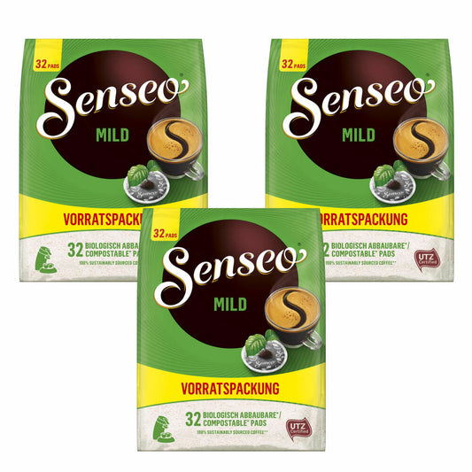 Senseo Kaffeepads Mild Vorratspackung 3er Set, Sanft, gemahlener Röstkaffee, 3x32 Pads