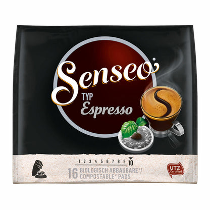 Senseo Typ Espresso Kaffeepads, Röstkaffee, Kaffee, 3 x 16 Pads, mit Padhalter und Paddose