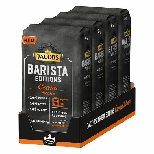 Jacobs Barista Editions Crema Intense, bean coffee, whole beans, roasted coffee, coffee beans, 4 x 1000 g