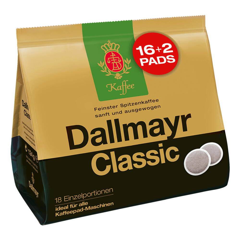 Dallmayr Classic Kaffeepads, für alle Pad Maschinen, Röstkaffee, Sanft, 16 + 2 Pads, á 6.9 g