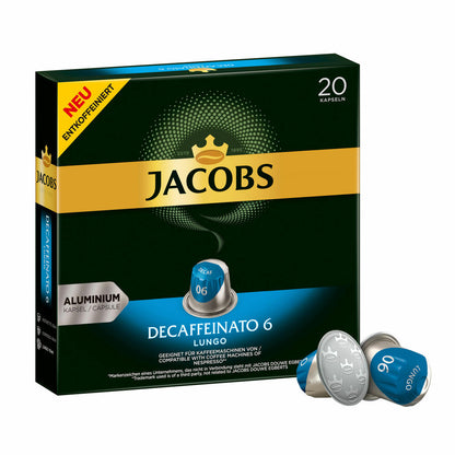 Jacobs Decaffeinato 6 Lungo, Kaffeekapseln, entkoffeiniert, Nespresso Kompatibel, Kaffee, 20 Kapseln á 5.2 g