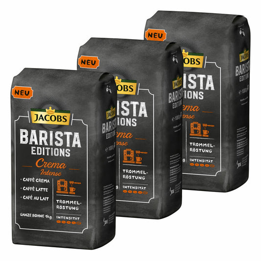 Jacobs Barista Editions Crema Intense, bean coffee, whole beans, roasted coffee, coffee beans, 3 x 1000 g