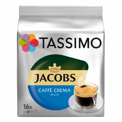 Tassimo Jacobs Caffè Crema Mild Geschenkset mit Glas, 5-tlg., Kaffee, Kaffeekapsel, gemahlener Röstkaffee, T-Discs