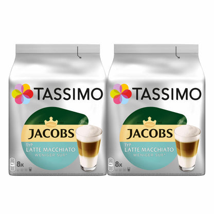 Tassimo Jacobs Typ Latte Macchiato Weniger Süß 2er Set, Kaffeekapsel, Milchkaffee, 32 T-Discs / 16 Portionen