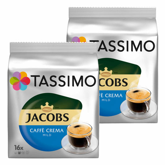 Tassimo Jacobs Caffè Crema Mild, Kaffee, Kaffeekapsel, gemahlener Röstkaffee, 2er Pack, 2 x 16 T-Discs