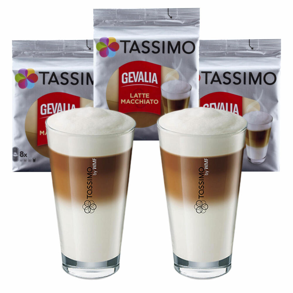 Tassimo Gevalia Latte Macchiato Geschenkset mit Glas, 5-tlg, Kaffeekapsel, T-Disc, Milchkaffee, Röstkaffee