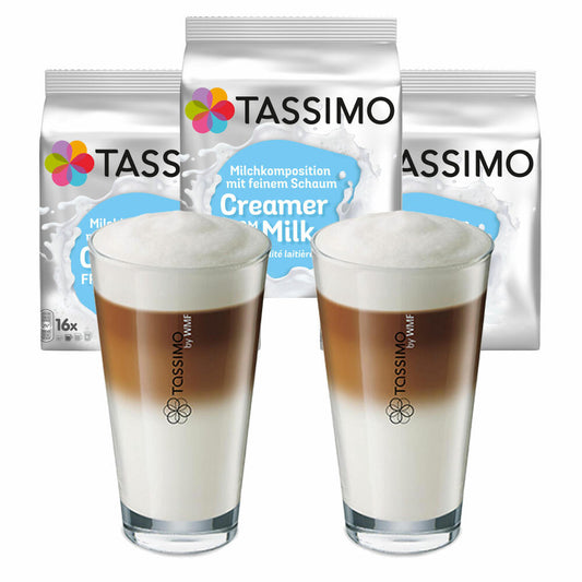 Tassimo Milchkomposition Geschenkset mit Glas, 5-tlg., Kaffee, Milchkapsel, Milchschaum, T-Discs