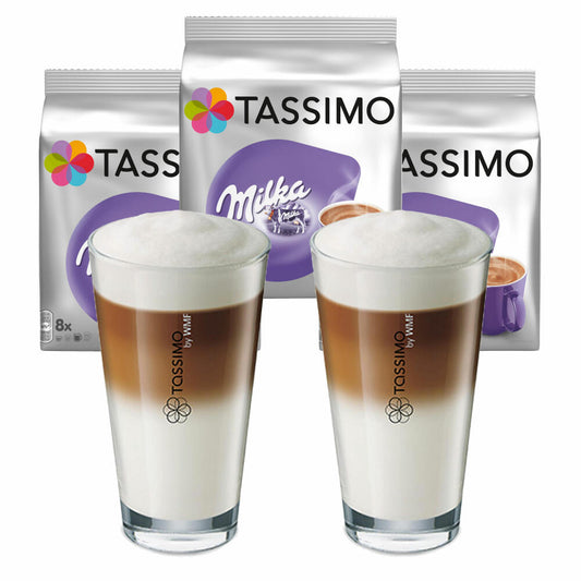 Tassimo Milka Kakao-Spezialität Becherportionen Geschenkset mit Glas, 5-tlg., Schokolade, Kapsel, T-Discs / Portionen