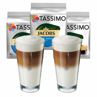 Tassimo Jacobs Caffè Crema Mild Geschenkset mit Glas, 5-tlg., Kaffee, Kaffeekapsel, gemahlener Röstkaffee, T-Discs