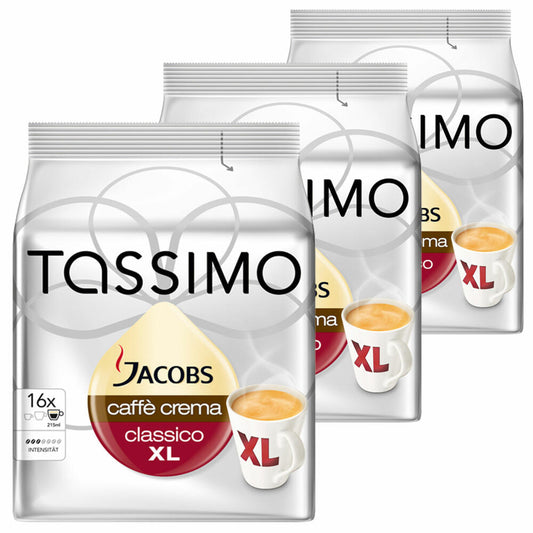 Tassimo Jacobs Caffè Crema Classico XL, Kaffee, Kaffeekapsel, gemahlener Röstkaffee, 3er Pack, 3 x 16 T-Discs