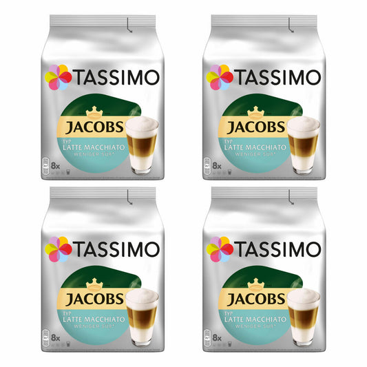 Tassimo Jacobs Typ Latte Macchiato Weniger Süß 4er Set, Kaffeekapsel, Milchkaffee, 64 T-Discs / 32 Portionen