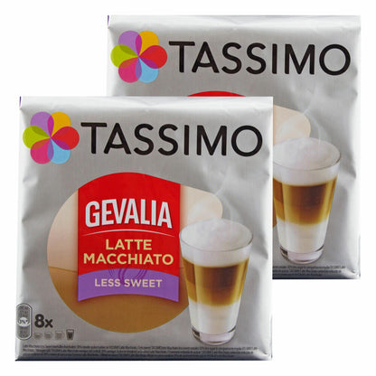 Tassimo Gevalia Latte Macchiato Less Sweet, Weniger Süß, Gemahlener Röstkaffee, Kaffeekapsel, 32 T-discs / 16 Portionen