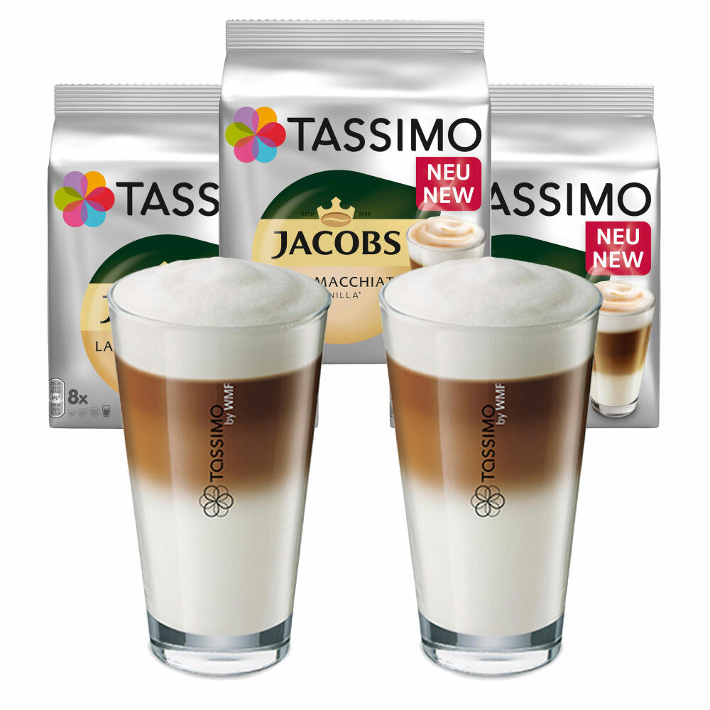 Tassimo Latte Macchiato Vanilla Geschenkset mit Glas, 5-tlg., Kaffee, Vanille Milchkaffee Kaffeekapsel, gemahlener Röstkaffee, T-Discs