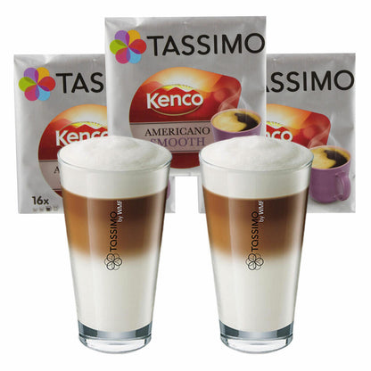 Tassimo Kenco Americano Smooth Geschenkset mit Glas, 5-tlg, Kaffee, Kaffeekapsel, Gemahlener Röstkaffee