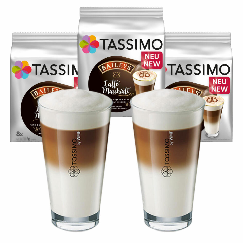 Tassimo Latte Macchiato Baileys Geschenkset mit Glas, 5-tlg, Kaffee mit Sahneliköraroma, Kaffeekapsel, T-Disc, Milchkaffee