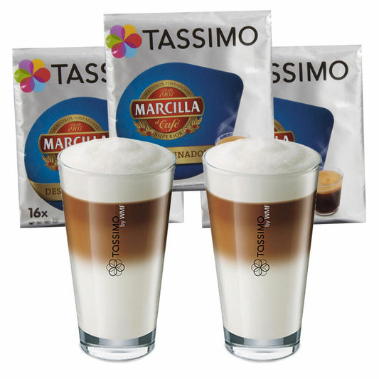 Tassimo Marcilla Descafeinado Geschenkset mit Glas, 5-tlg., Entkoffeiniert, Kaffee, Kaffeekapsel, T-Discs