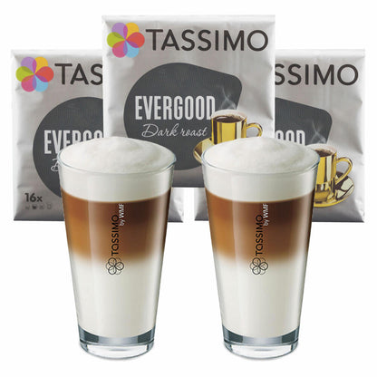 Tassimo Evergood Dark Roast Geschenkset mit Glas, 5-tlg., Kaffee, Gemahlener Röstkaffee, Kaffeekapsel, T-Disc