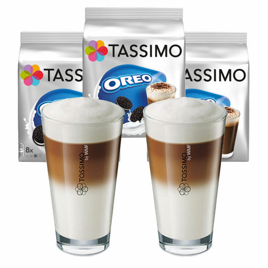 Tassimo Oreo Kakao Geschenkset mit Glas, 5-tlg., Heiße Schokolade, Trinkschokolade mit Keks Geschmack, T-Discs