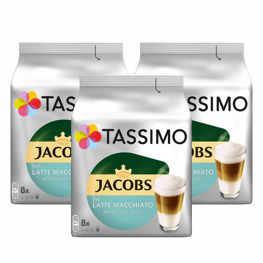 Tassimo Jacobs Typ Latte Macchiato Weniger Süß 3er Set, Kaffeekapsel, Milchkaffee, 48 T-Discs / 24 Portionen