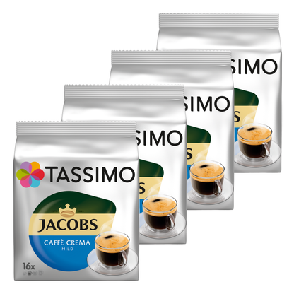 Tassimo Jacobs Caffè Crema Mild, Kaffee, Kaffeekapsel, gemahlener Röstkaffee, 4er Pack, 4 x 16 T-Discs