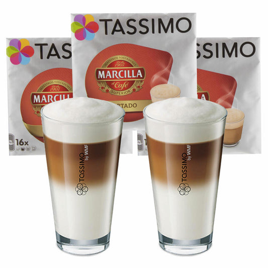 Tassimo Marcilla Cortado Geschenkset mit Glas, 5-tlg., Kaffee, Kaffeekapsel, Bohnenkaffee, Milchkaffee, T-Discs
