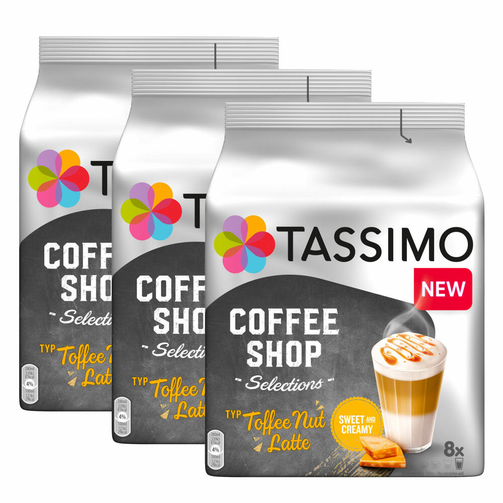 Tassimo Toffee Nut Latte 3er Set, Coffee Shop Selections, Karamell-Geschmack, 48 T-Discs / 24 Portionen