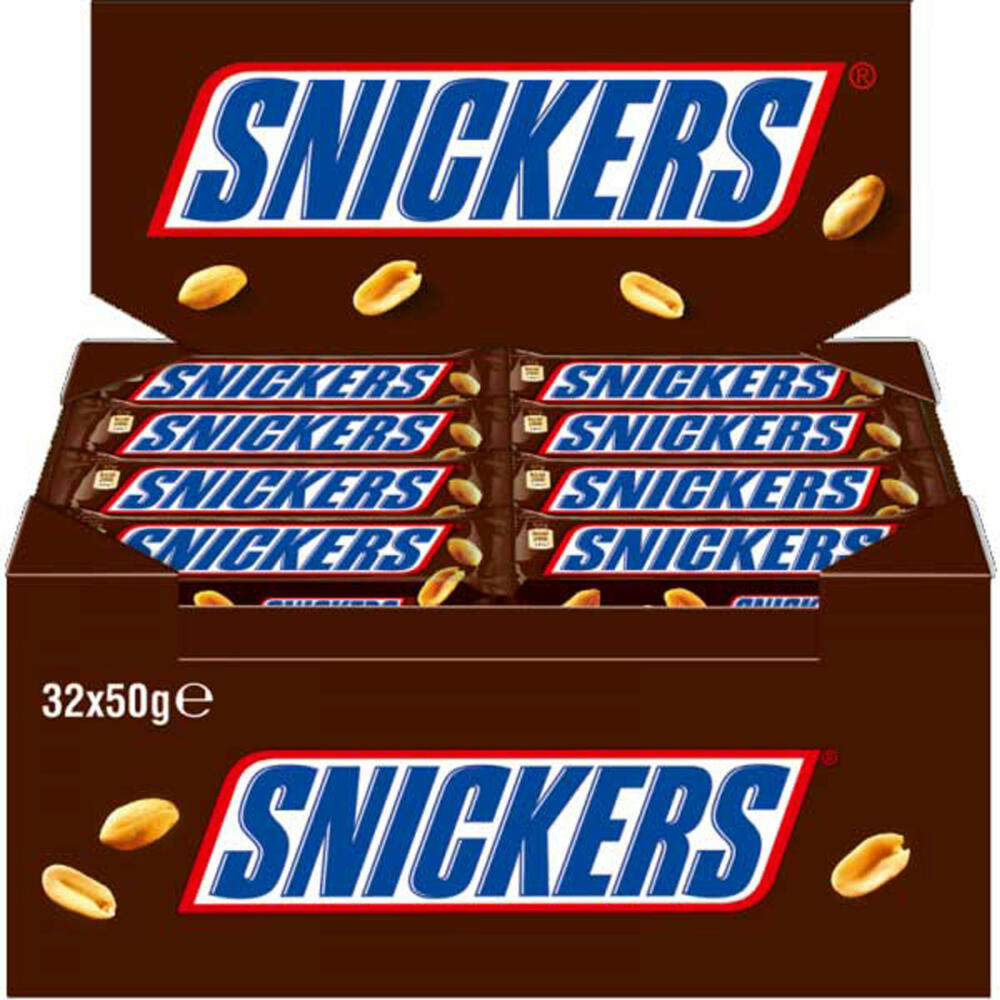 Snickers, Schokoriegel, Erdnuss-Karamell Schoko Riegel, 32 Stück, á 50 g