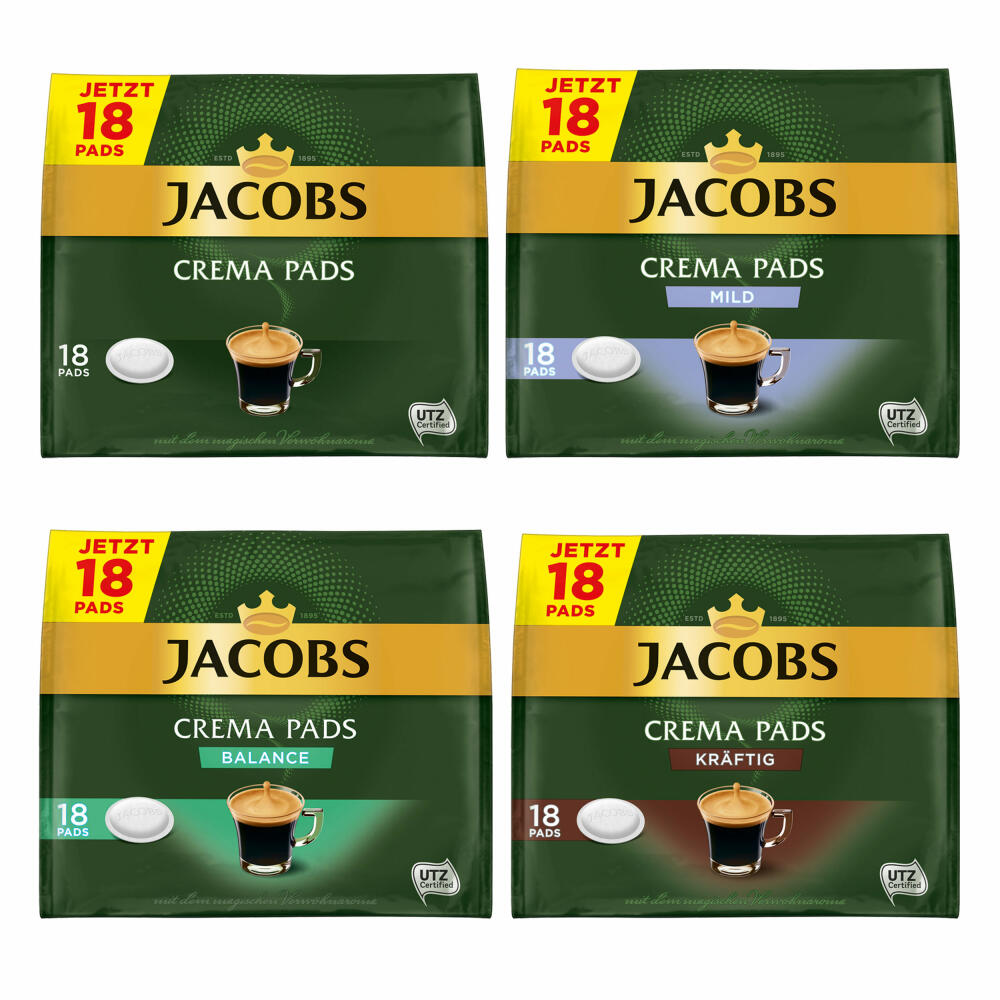 Jacobs Coffee Pads Set Crema Pads, Set of 4, Classic, Strong, Balance &amp; Mild, Coffee, 72 Pads