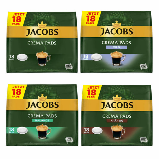 Jacobs Coffee Pads Set Crema Pads, Set of 4, Classic, Strong, Balance &amp; Mild, Coffee, 72 Pads