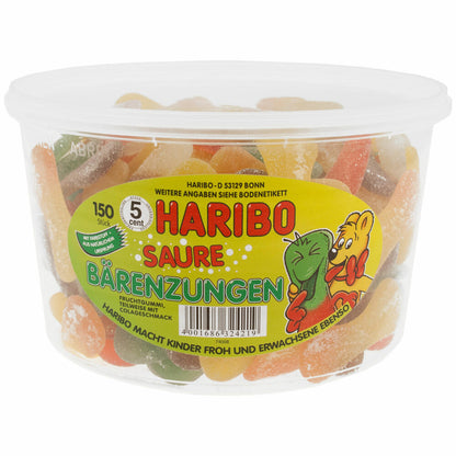 Haribo Saure Bärenzungen, Gummibärchen, Weingummi, Fruchtgummi, 150 Stück, 1350g Dose