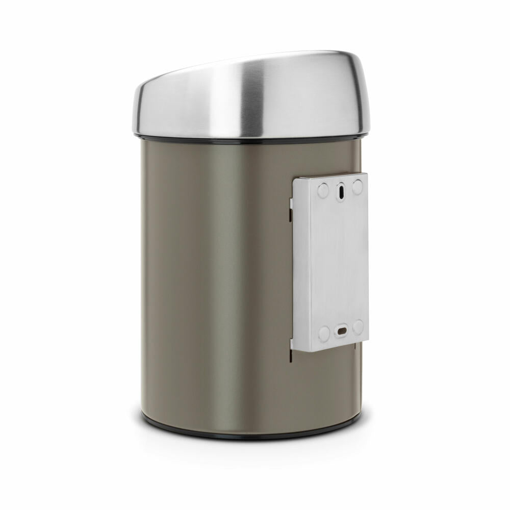 Brabantia Touch Bin, trash can, waste bin, wastepaper basket with plastic insert, wall bracket, lid Brilliant Steel, Platinum, 3 L, 364464