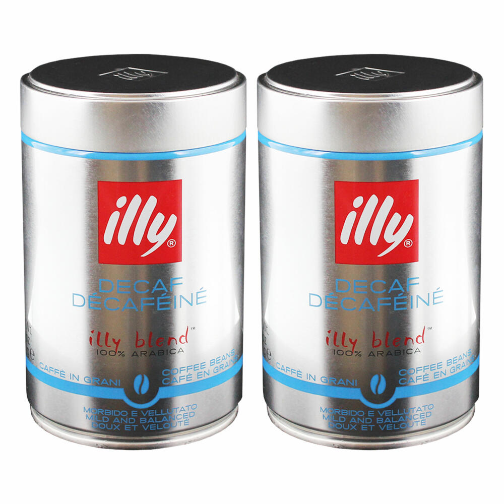 Illy Espresso Entkoffeiniert / Decaffeinato, 100% Arabica Kaffee, ganze Bohnen, mittlerer Röstgrad, Dose, 2er Pack, 2 x 250g