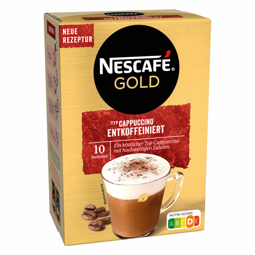 Nescafé Gold Typ Cappuccino Entkoffeiniert, Löslicher Bohnenkaffee, Instantkaffee, Instant Kaffee, 10 Portionen, 012435588