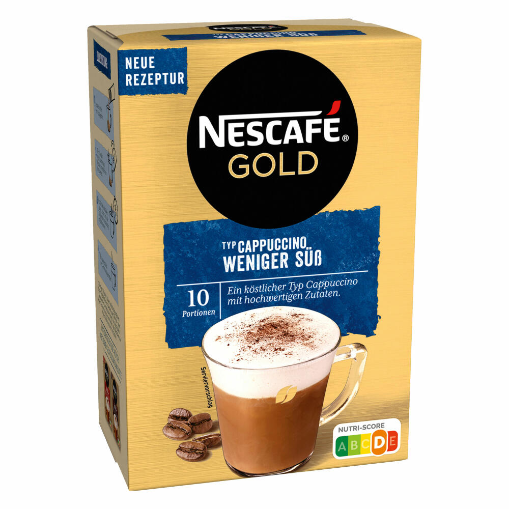 Nescafé Gold Typ Cappuccino Weniger Süß, Löslicher Bohnenkaffee, Instantkaffee, Kaffee, 10 Portionen, 012435574