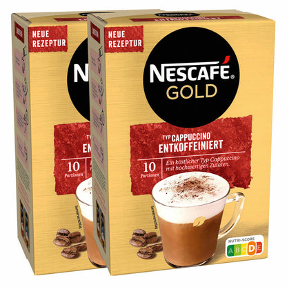 Nescafé Gold Typ Cappuccino Entkoffeiniert, Löslicher Bohnenkaffee, Instantkaffee, Instant Kaffee, 2 x 10 Portionen
