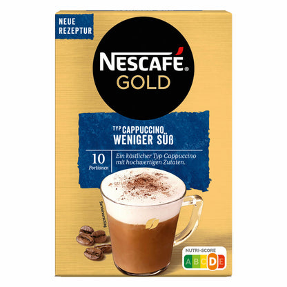 Nescafé Gold Typ Cappuccino Weniger Süß, Löslicher Bohnenkaffee, Instantkaffee, Kaffee, 10 Portionen, 012435574