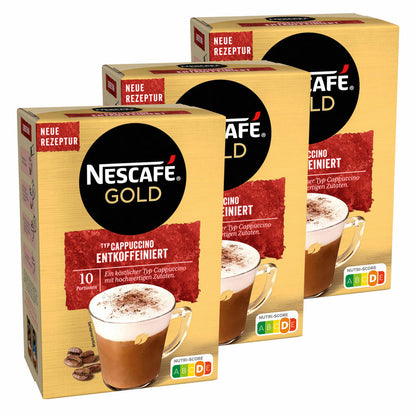 Nescafé Gold Typ Cappuccino Entkoffeiniert, Löslicher Bohnenkaffee, Instantkaffee, Instant Kaffee, 3 x 10 Portionen