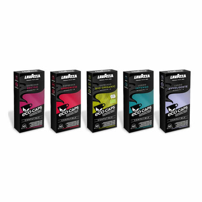 Lavazza Eco Kaffeekapseln Mischkarton, Probierpackung, Espresso, Lungo, Nespresso kompatibel, Kaffee Kapsel, 5 x 10 Kapseln