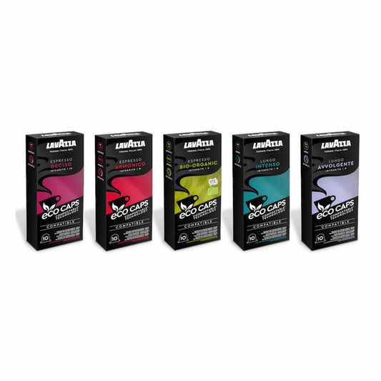 Lavazza Eco Kaffeekapseln Mischkarton, Probierpackung, Espresso, Lungo, Nespresso kompatibel, Kaffee Kapsel, 5 x 10 Kapseln