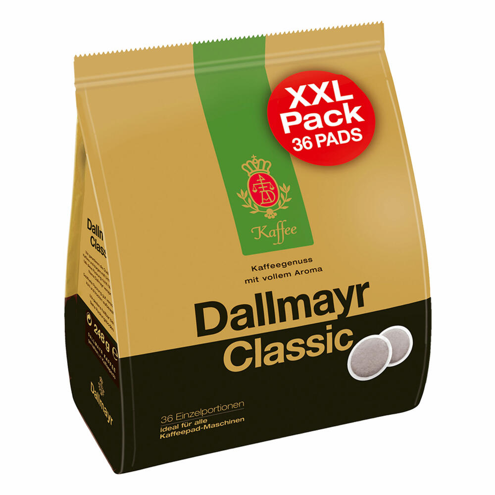 Dallmayr Classic Kaffeepads XXL, für alle Pad Maschinen, Röstkaffee, Kaffee, Sanft, 36 Pads