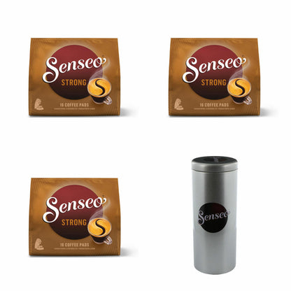 Senseo Kaffeepads Premium Set Kräftig / Strong, 3er Pack, Intensiver und Vollmundiger Geschmack, Kaffee, je 16 Pads, mit Paddose