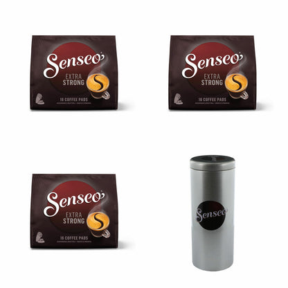 Senseo Kaffeepads Premium Set Extra Kräftig / Extra Strong, 3er Pack, Intensiver und Vollmundiger Geschmack, Kaffee, je 16 Pads, mit Paddose