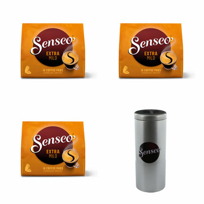 Senseo Kaffeepads Premium Set Extra Mild, Rund & Aromatisch, 3er Pack, Kaffee Pads, je 16 Pads, mit Paddose