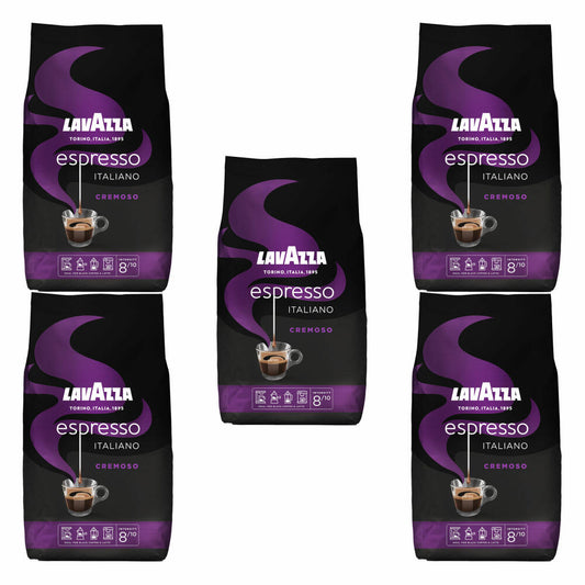 Lavazza Coffee Espresso Italiano Cremoso, whole beans, bean coffee, set, 5 x 1000 g