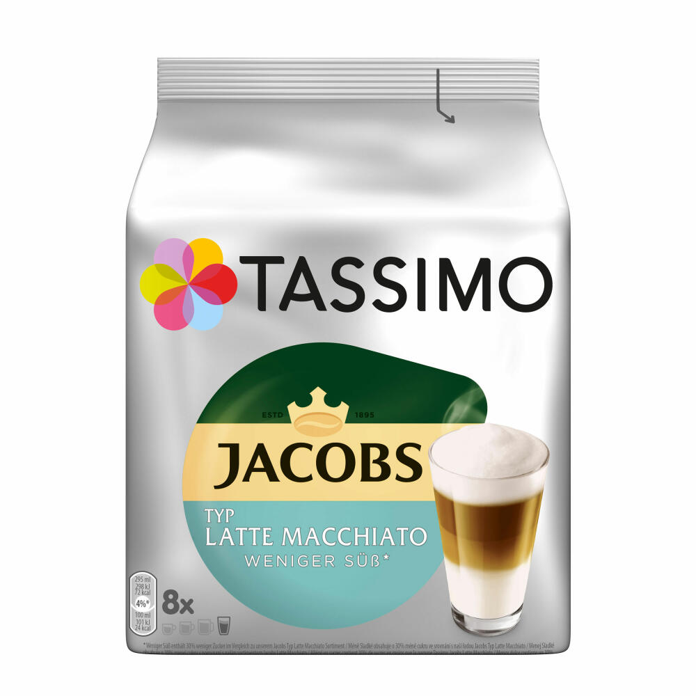Tassimo Jacobs Type Latte Macchiato Less Sweet Set of 3, Coffee Capsule, Milk Coffee, 48 T-Discs / 24 Servings