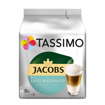 Tassimo Jacobs Type Latte Macchiato Less Sweet Set of 3, Coffee Capsule, Milk Coffee, 48 T-Discs / 24 Servings